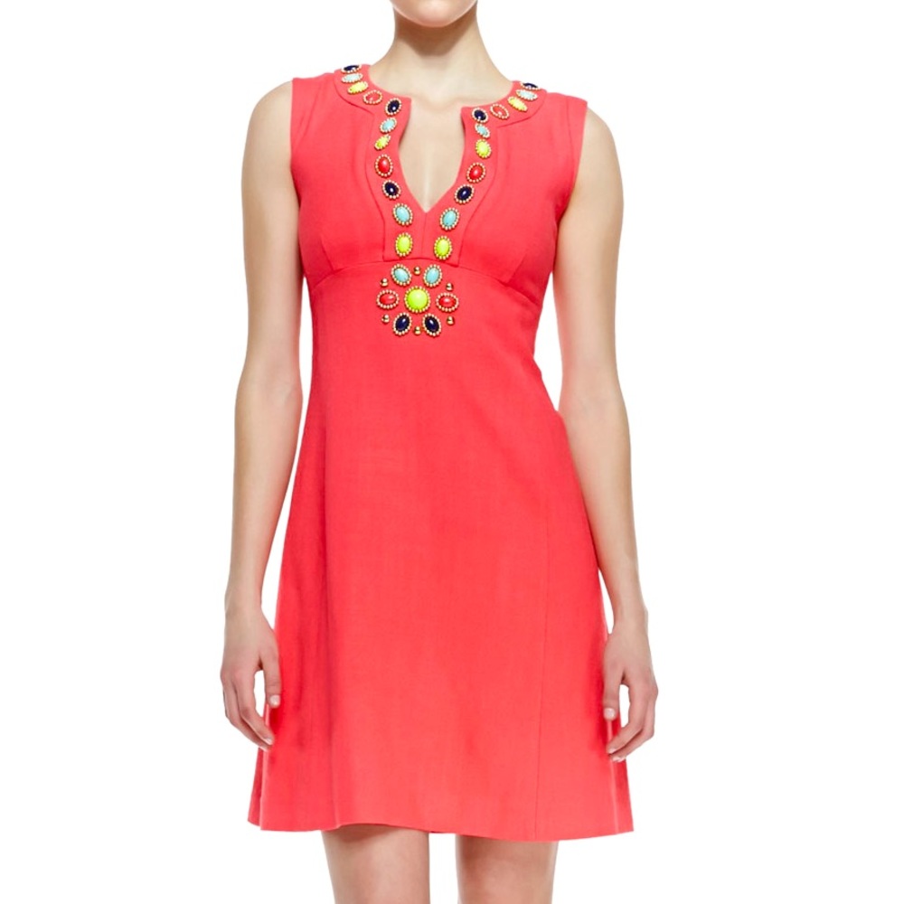 Kate Spade Edith Beaded Linen Dress in Geranium